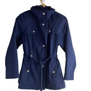 Mackintosh New England Jacket Women's Small Navy Full Button Tie Waist  And Hood